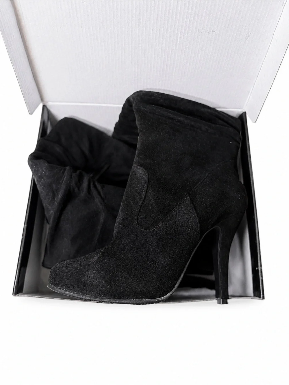 Black Over-the-Knee Stiletto Boots with Ruched Shaft